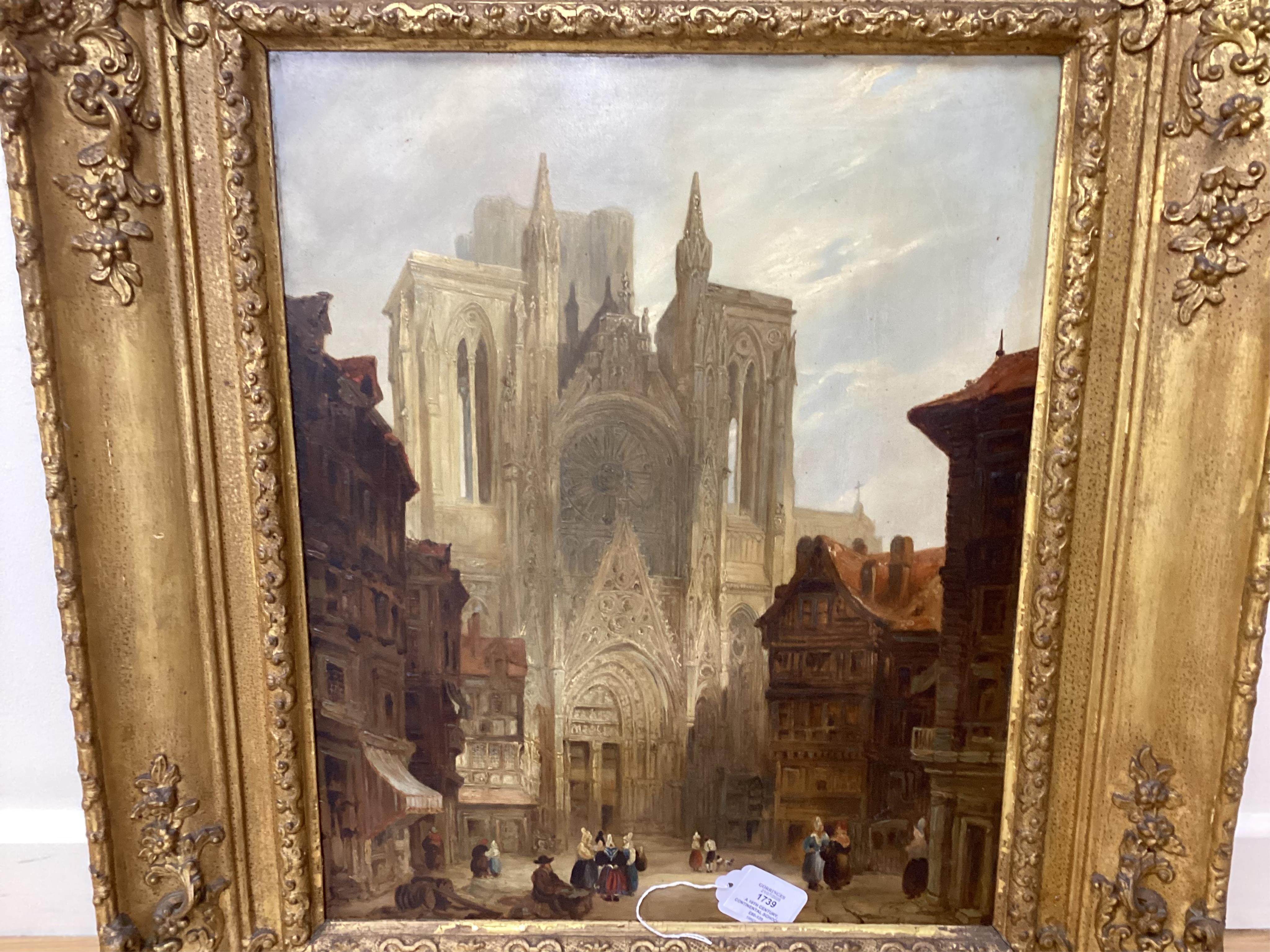 A 19th century, Continental school, ‘Rouen cathedral’, unsigned, oil on board, 51 x 40cm, ornate gilt frame